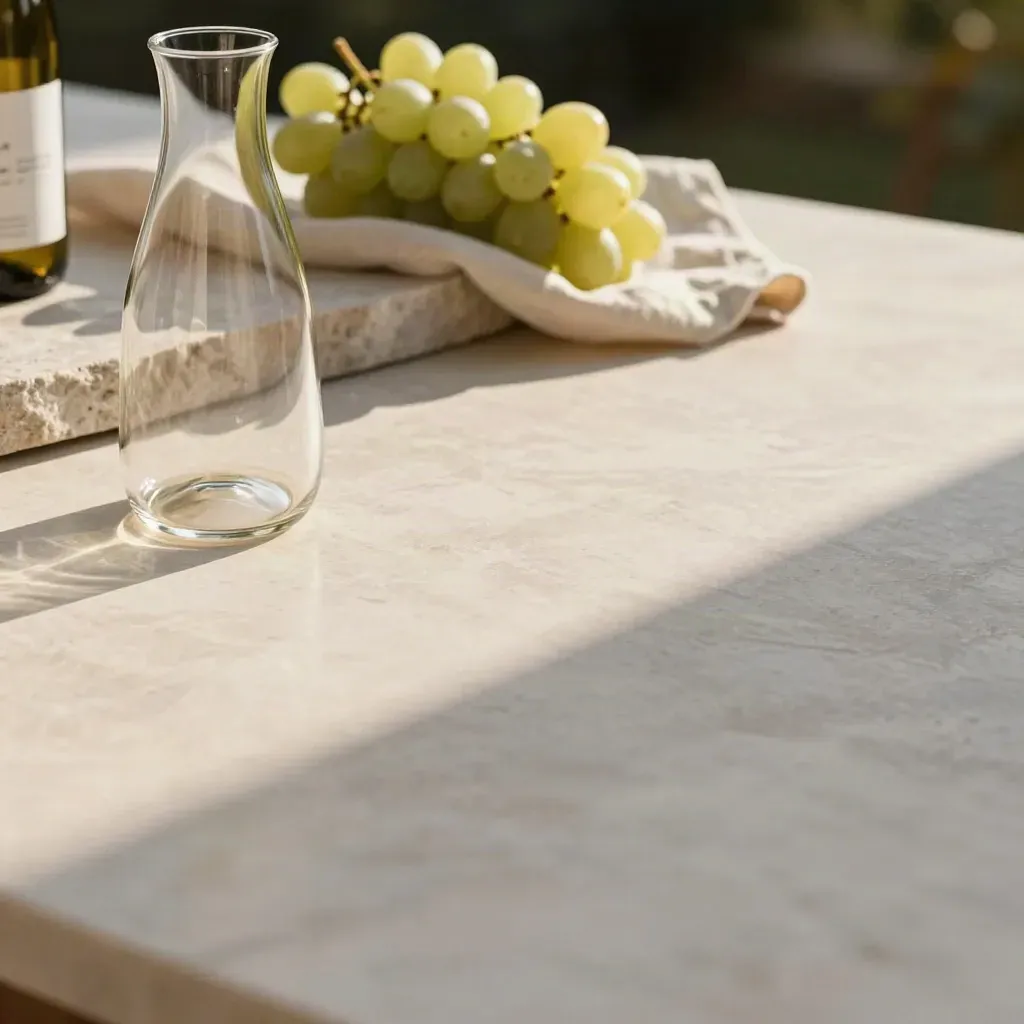Terrazza in marmo chiaro con caraffa, grappolo d’uva sfocato e luce morbida dall’alto