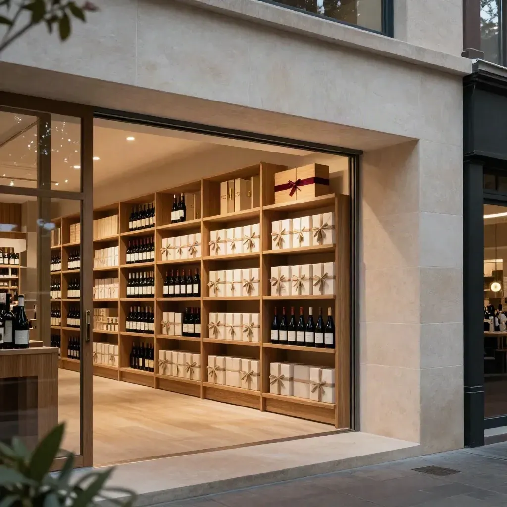 Interno di enoteca elegante con scaffali in rovere e regali avvolti, luce calda serale
