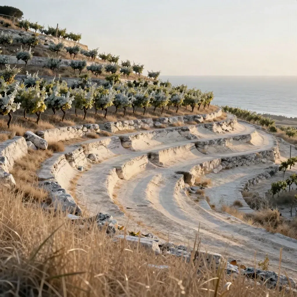 Vigneto costiero al tramonto con gradoni in pietra e mare in lontananza