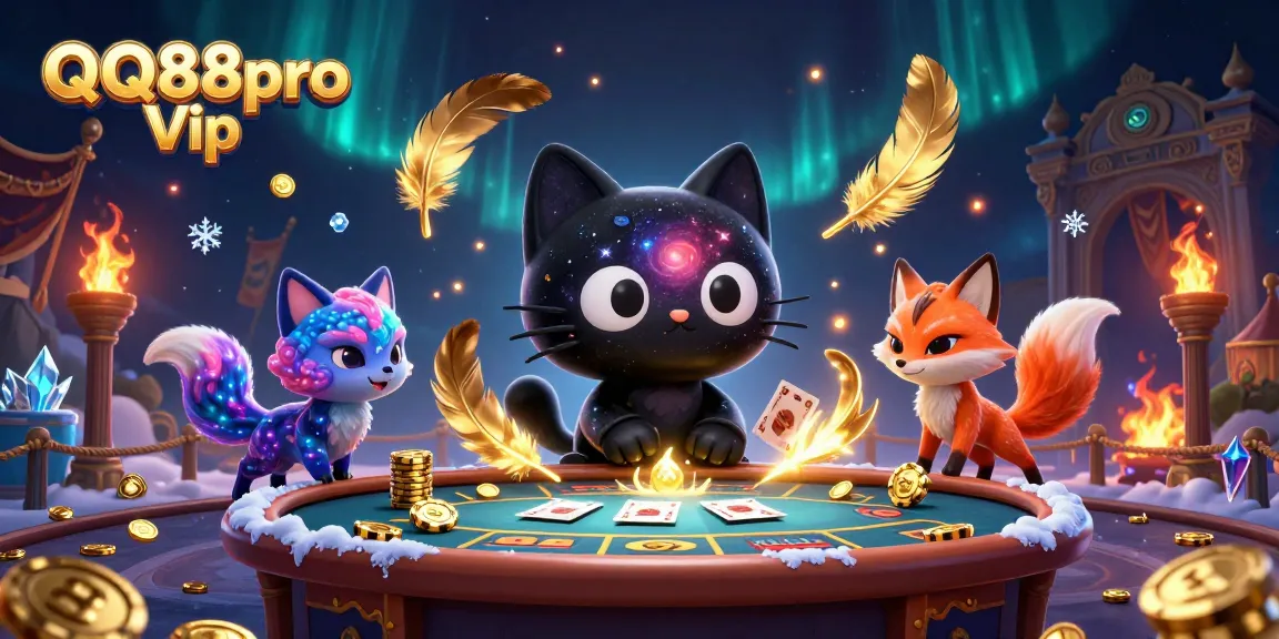 Experience QQ88pro Vip with a vibrant cosmic casino featuring a black hole cat and nebula fox.