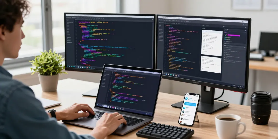 Download Telegram while coding in a modern tech workspace with dual monitors and natural light.