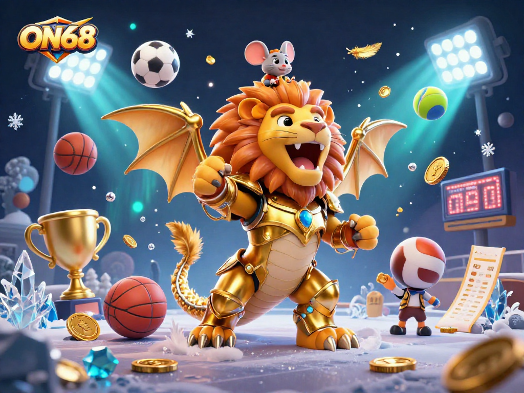 Experience the excitement of ON68 with a roaring chimera, festive sports elements, and vibrant casino dynamics.
