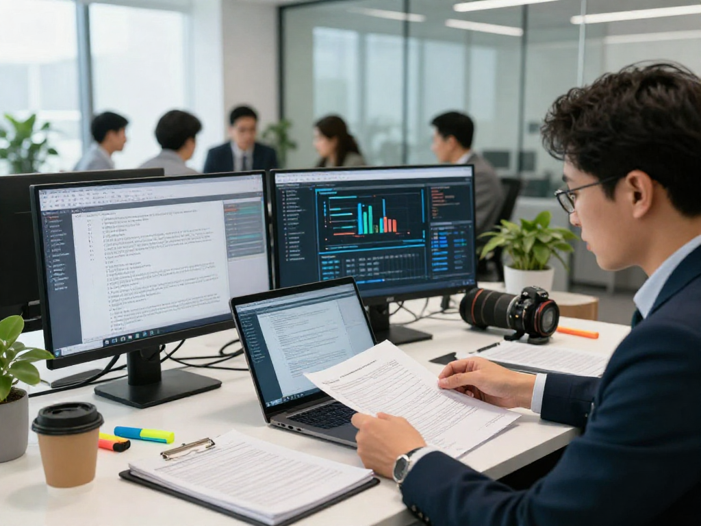 Compliance officer analyzing document fraud detection data in a professional office setting with advanced digital tools.