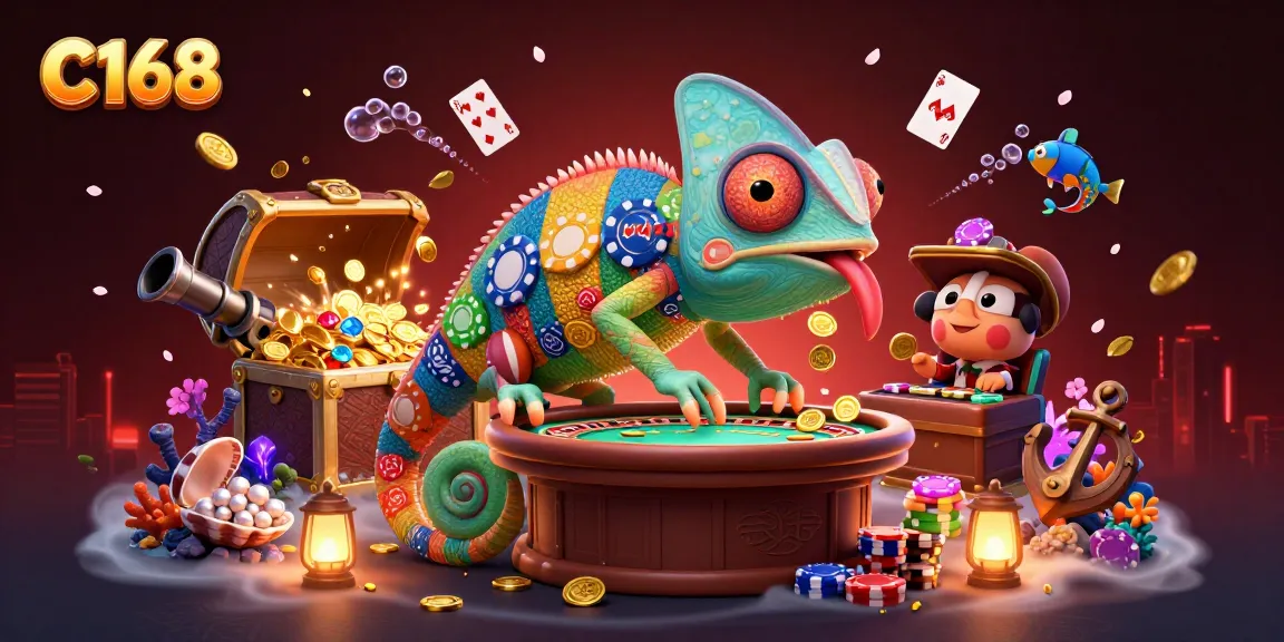 C168 players dive into a colorful chameleon casino atmosphere, capturing rewards in vivid adventure.