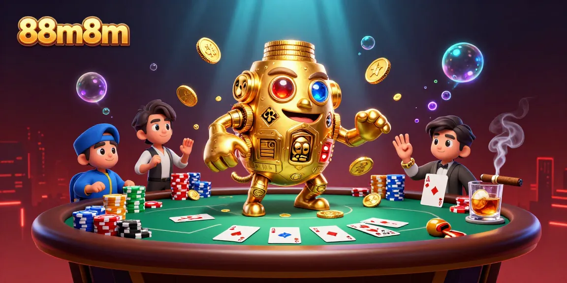Engage with 88m8m for an immersive casino experience featuring a cartoon gold golem and poker elements.