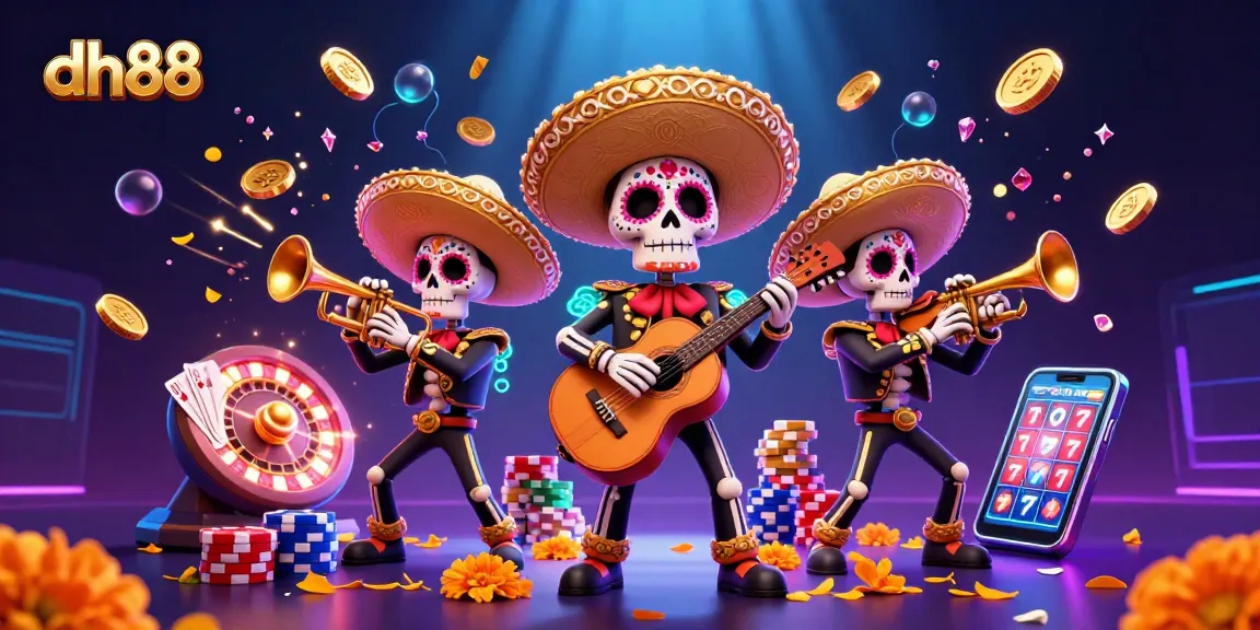 Experience the excitement of dh88 with vibrant 3D mariachi characters, golden coins, and casino elements.