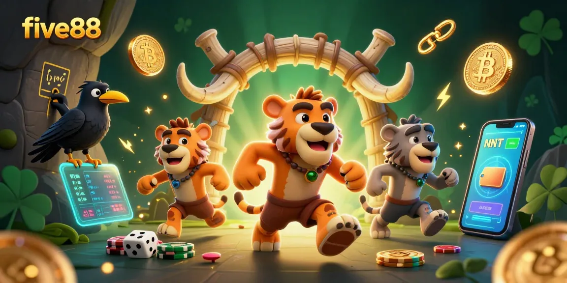 Experience the thrilling five88 casino action with unique prehistoric characters and vibrant crypto elements.
