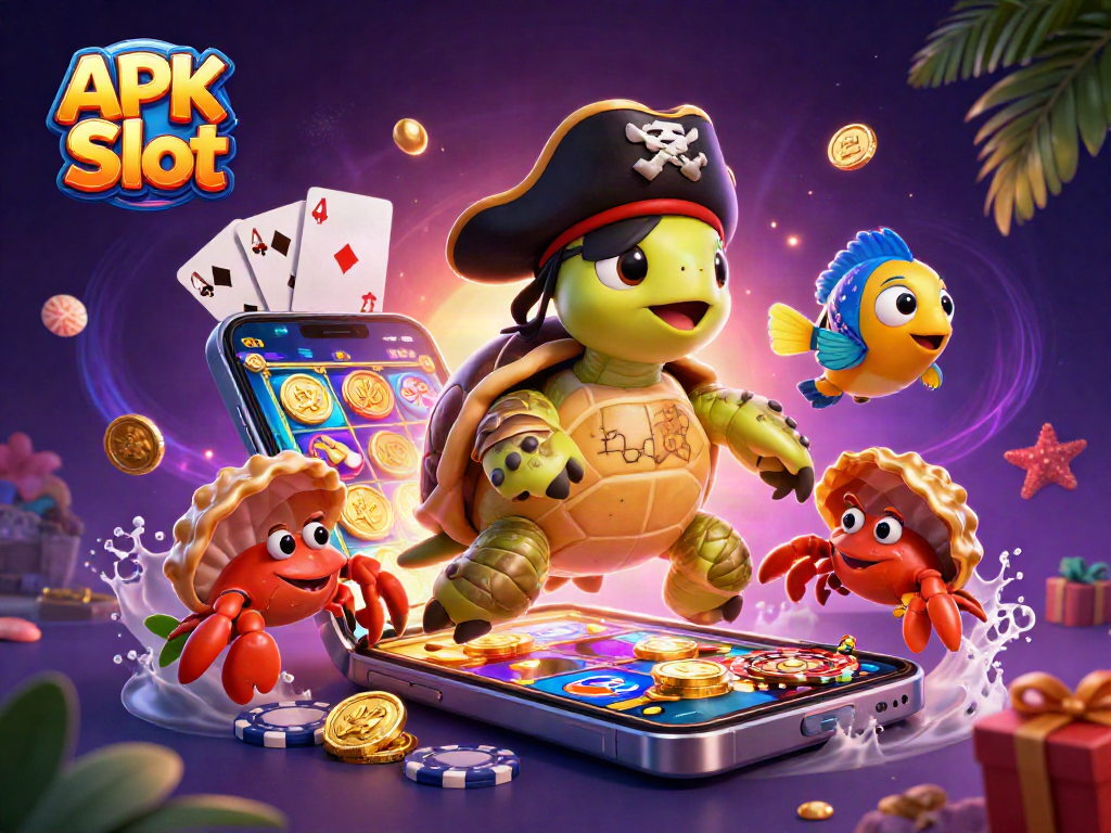 Spin the reels with APK Slot's vibrant gaming scene featuring turtles and treasure.