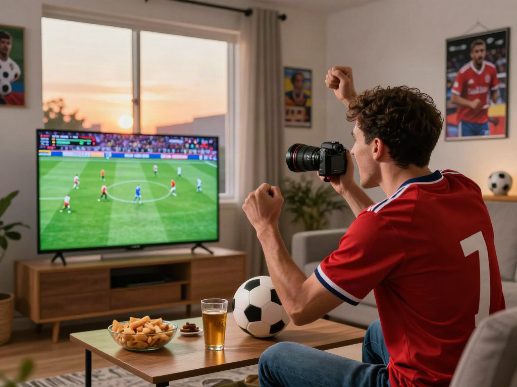 Viewer enjoying live cakhiatv football match in a lively home setting.