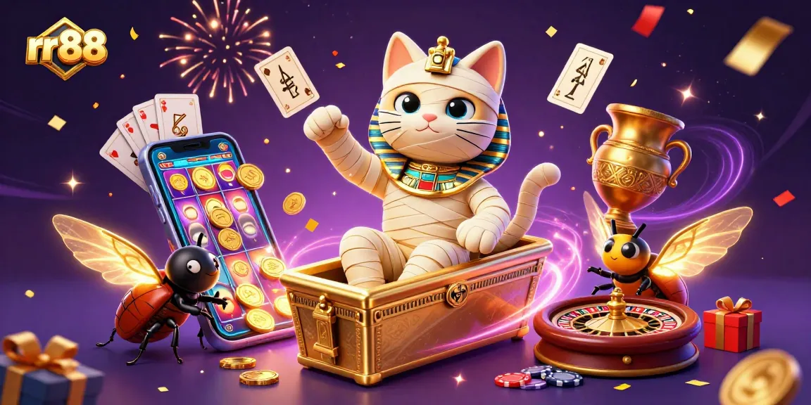 Experience win at rr 88 in this vibrant online casino scene featuring an Egyptian mummy cat and gaming icons.