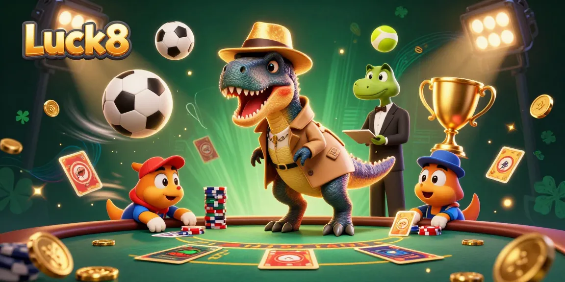 Luck8's vibrant 3D scene depicts a velociraptor card counter and stegosaurus pit boss, capturing dynamic casino action.