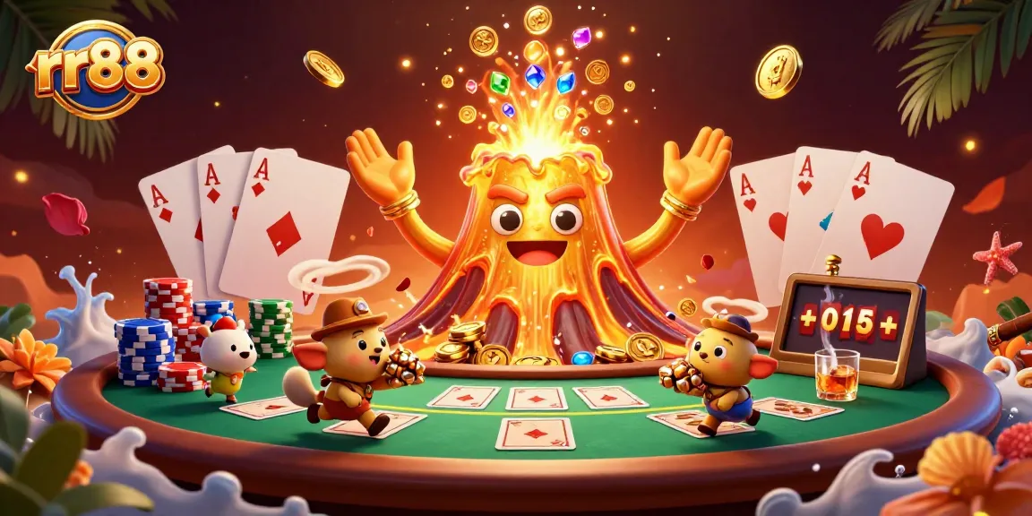 Spin and win at rr88 with treasures pouring from a golden volcano among poker chips and cards.
