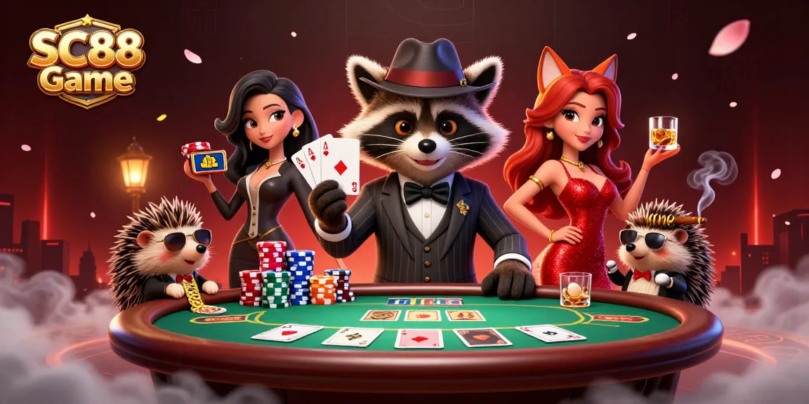 Experience the thrill of the SC88 Game with charming characters at a poker table.