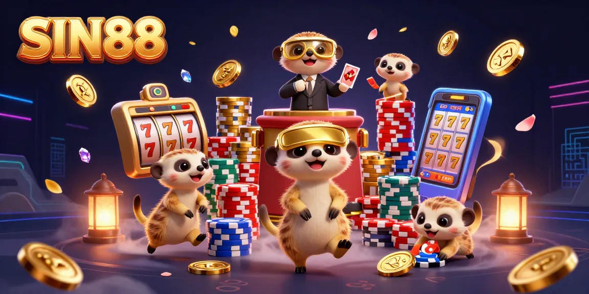 Engage with SIN88 at a lively meerkat casino showcasing vibrant slot reels and dynamic gaming features.