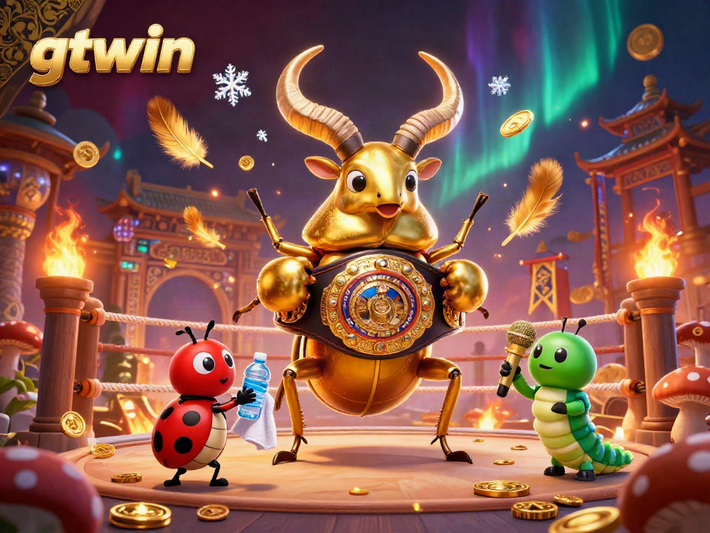 Experience thrilling action at gtwin with a golden stag beetle champion and vibrant casino elements.