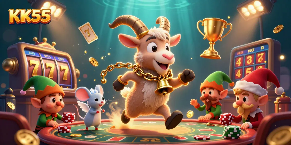 Experience exciting gambling at KK55 with a festive scene featuring unique characters and dynamic casino elements.