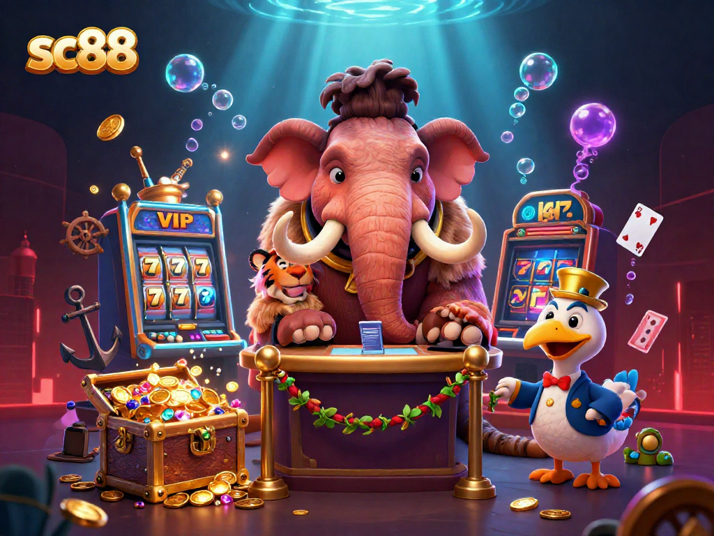 Experience excitement with sc88's vibrant casino scene featuring a woolly mammoth bouncer and VIP guests.