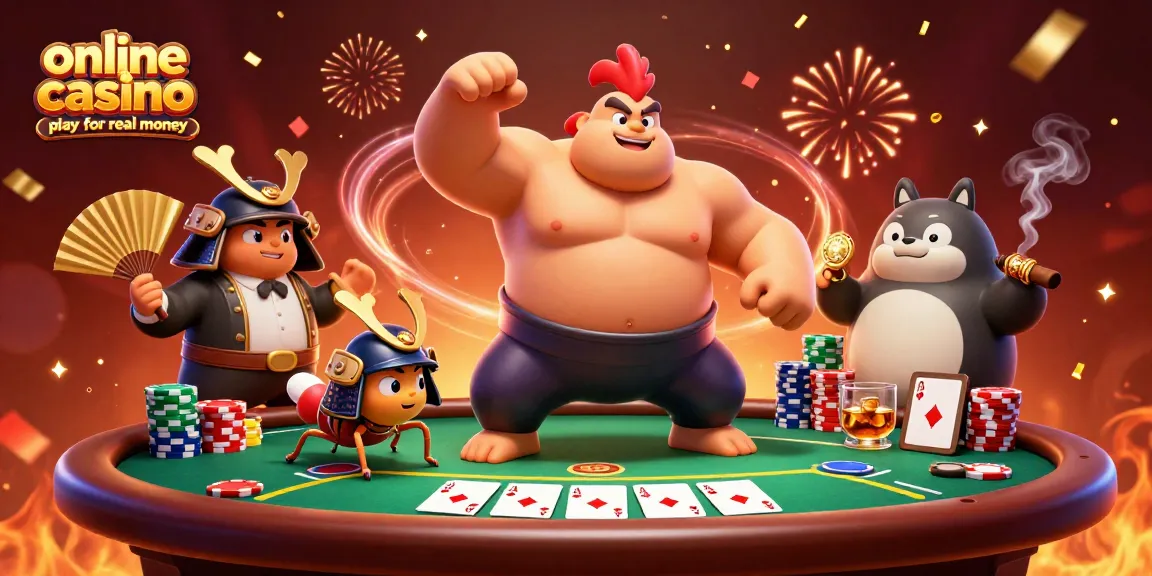 Engage in online casino play for real money with a powerful sumo rooster and fierce cricket in a rich gambling scene.
