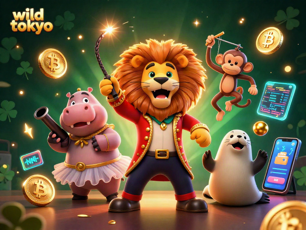 Experience the thrill of wild tokyo with vibrant casino elements, showcasing iconic characters and cryptocurrencies.