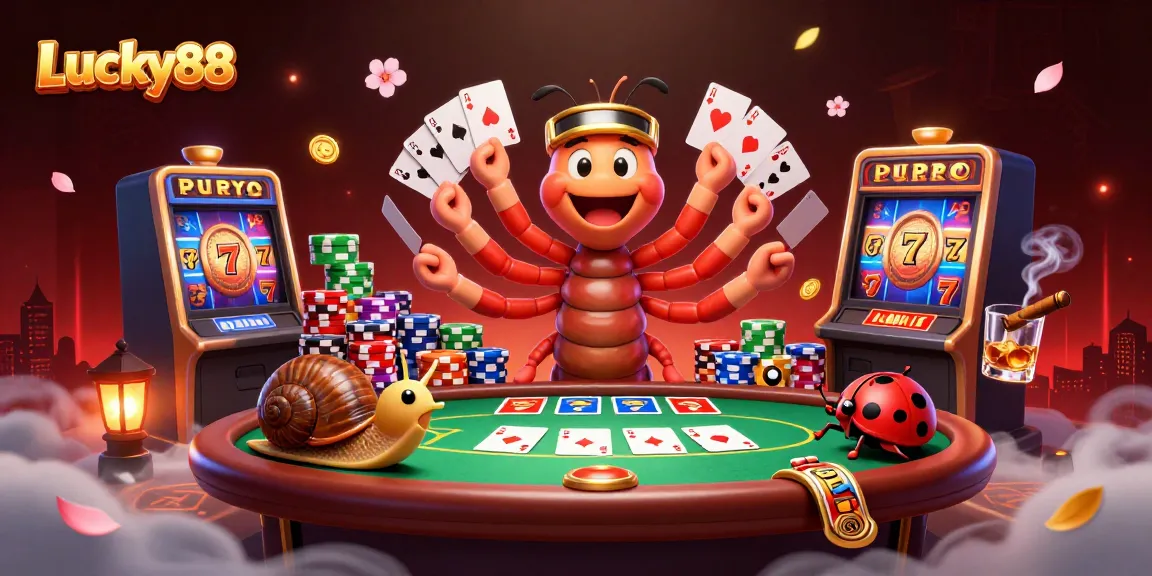 Experience the vibrant energy of Lucky88 with a 3D cartoon scene featuring a millipede dealer and colorful casino elements.