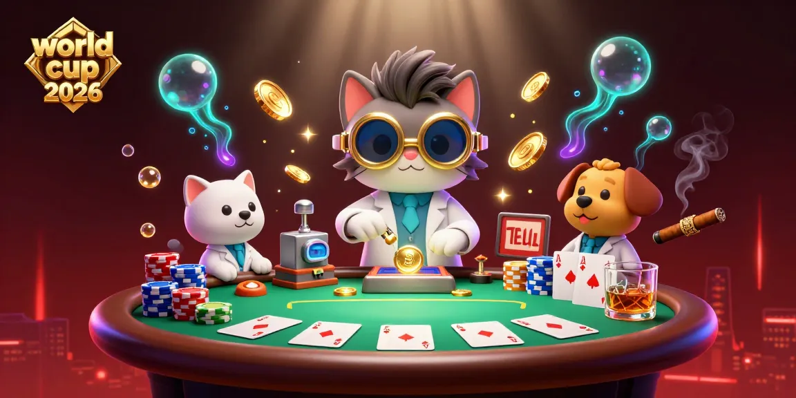 Betting on world cup 2026 with mad scientist cat and loyal dog during a thrilling casino scene.