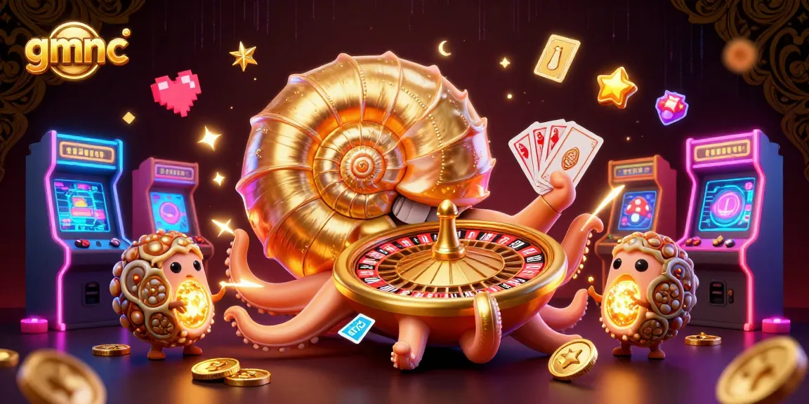 Win big with gmnc as a giant nautilus roulette wheel surrounded by neon arcade elements.