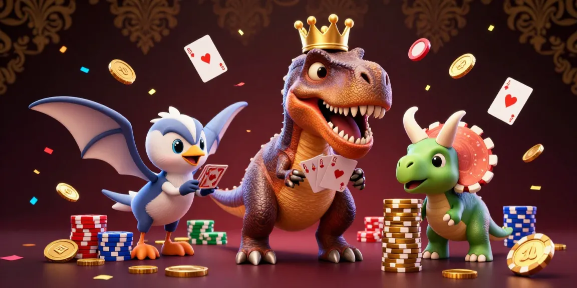 Engaging 3D illustration of a T-Rex shuffling game bài cards with a friendly pterodactyl and baby triceratops stacking chips.