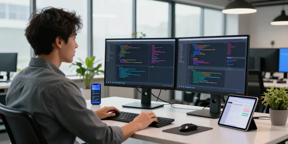 Dynamic workspace depicting a developer coding with dual monitors in a bright office, highlighting the WPS Official Website experience