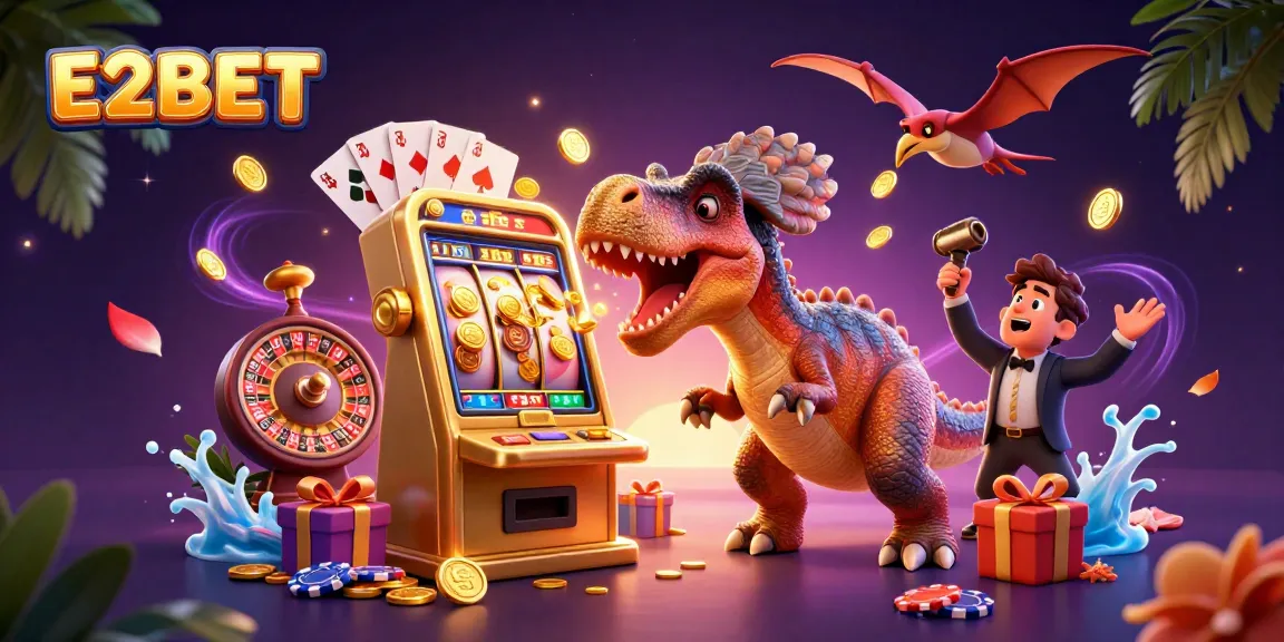 E2BET jackpot wins as a pachycephalosaurus interacts with the slot machine amidst casino chaos.