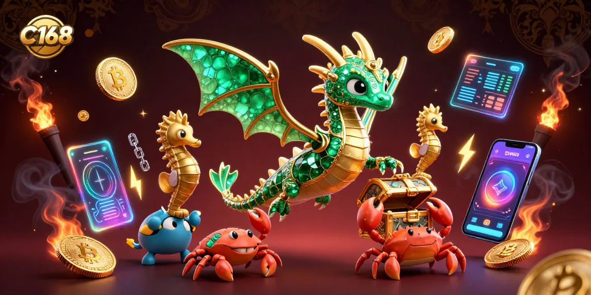 Experience the excitement of C168 with vibrant sea dragons and crypto elements in a lively casino scene.