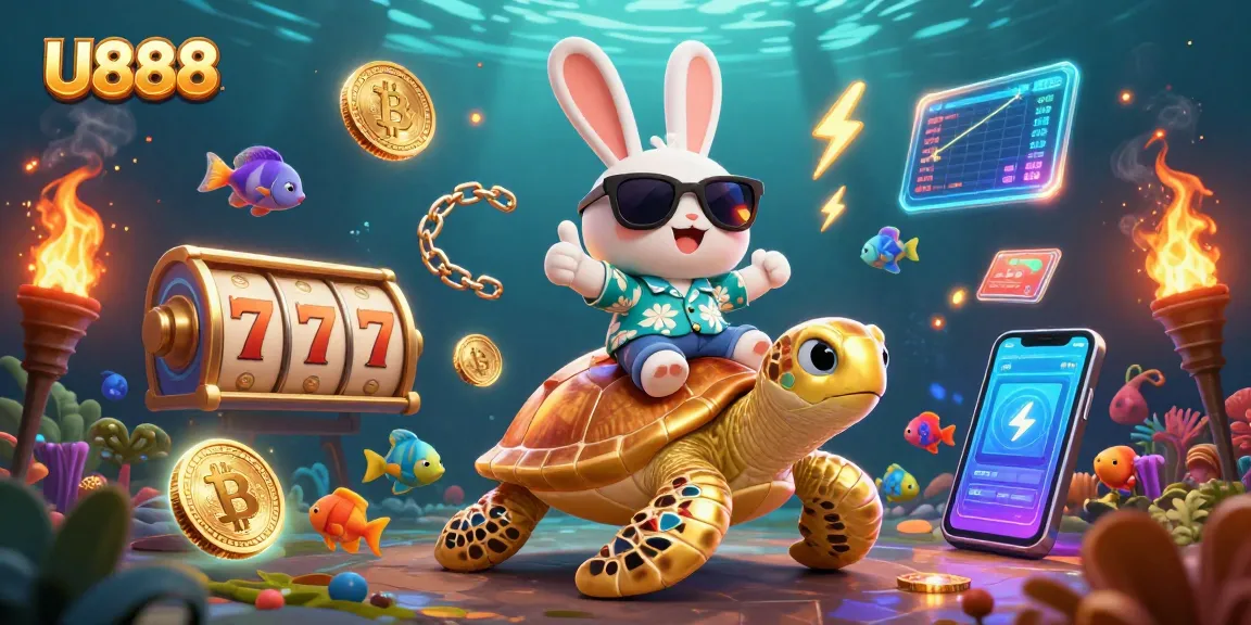 U888 showcases an exciting casino experience with 3D lucky rabbit and sea turtle amid vibrant slot games.