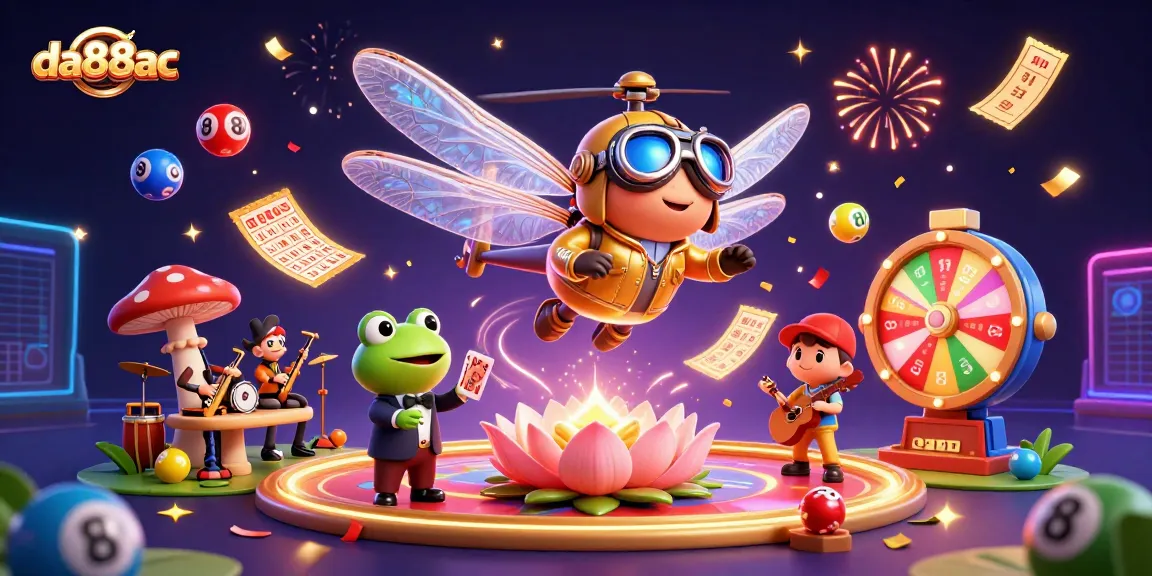 Exciting scene featuring da88ac's dragonfly pilot amidst casino elements, with colorful lottery balls and a frog croupier.