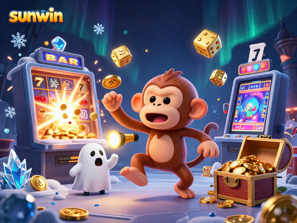 Experience sunwin's thrilling gaming adventures with a playful poltergeist monkey juggling golden treasures in a haunted casino.