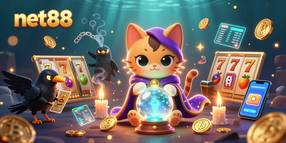 Engage with net88's vibrant slots experience featuring mystical characters and digital casino elements.