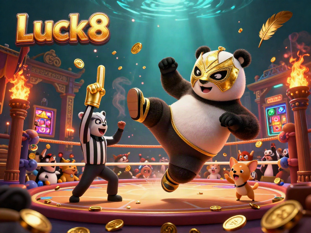 Engage in dynamic gaming action with the vibrant scene at Luck8, featuring a flying panda wrestler and cheering animal fans amidst a lively casino atmosphere.