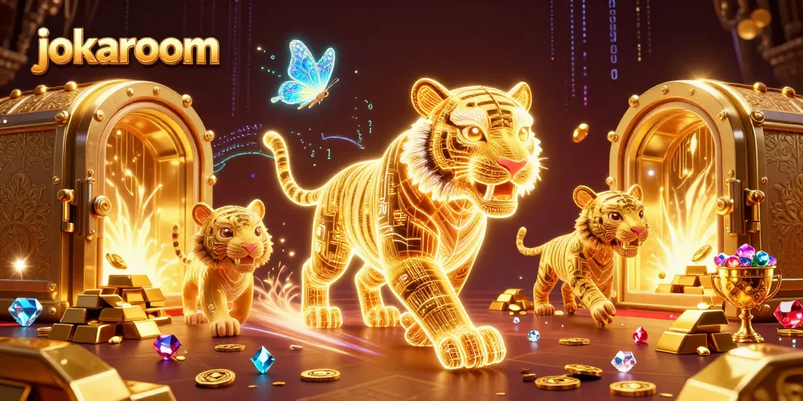 Experience thrilling gameplay at jokaroom, a vivid digital casino scene featuring a golden tiger and treasures.