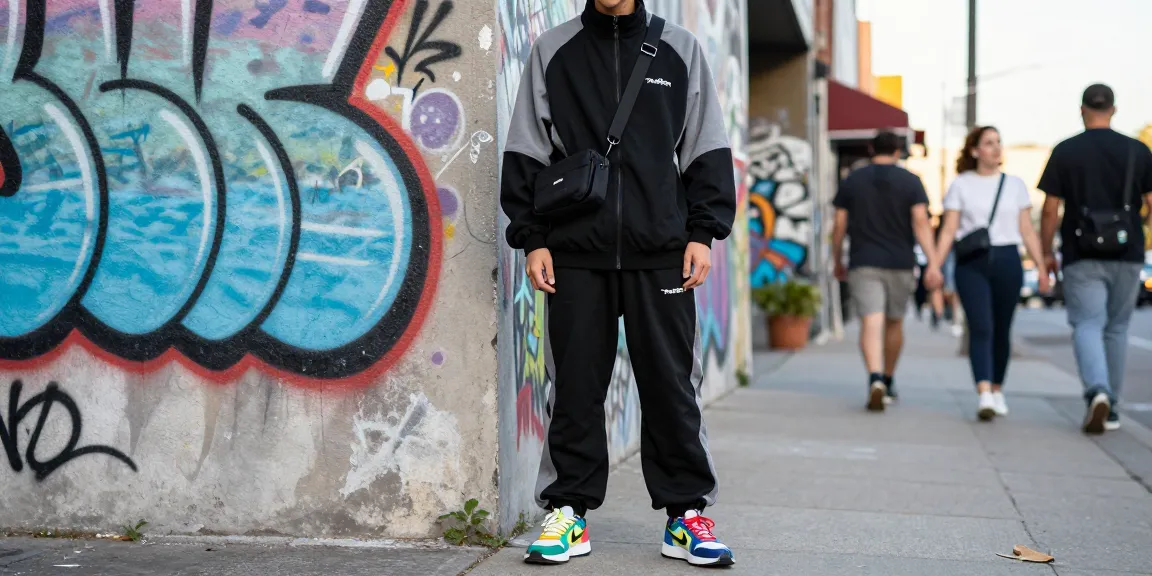 Trapstar Tuta indossata in un look streetstyle urbano con sfondo di graffiti.