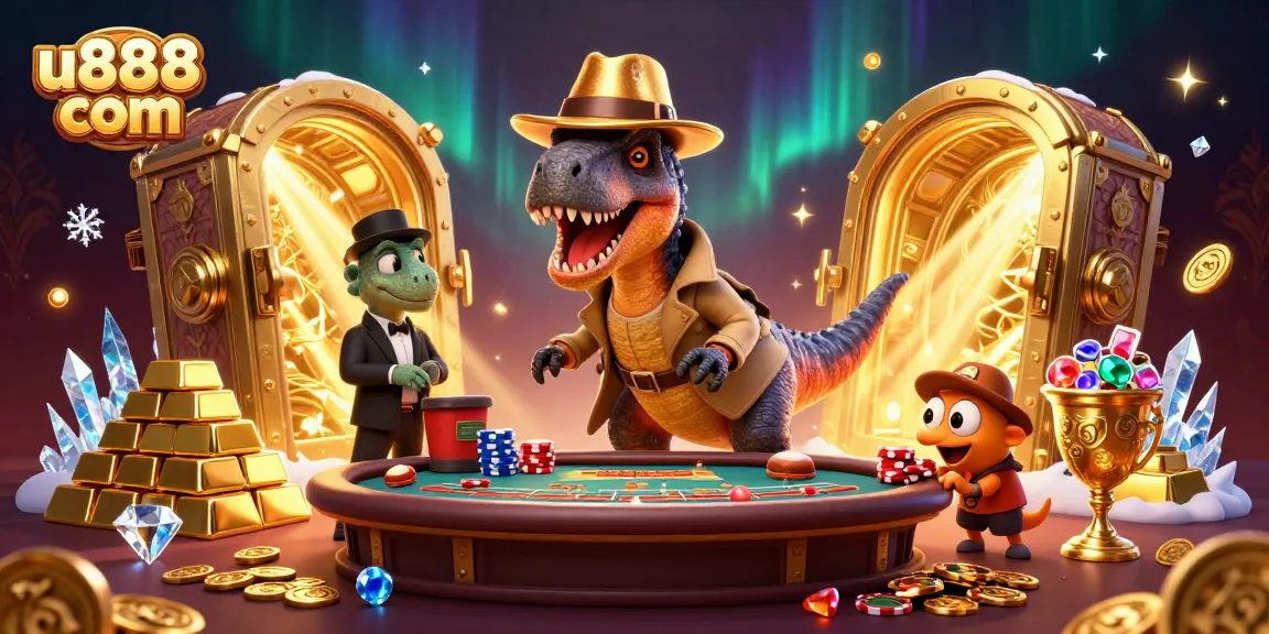 Engage with the excitement of u888 com through this dynamic casino scene featuring a clever velociraptor at blackjack.