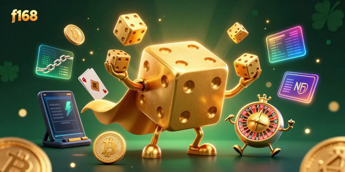 Experience f168's dynamic gaming environment with a golden dice golem and cryptocurrency elements.