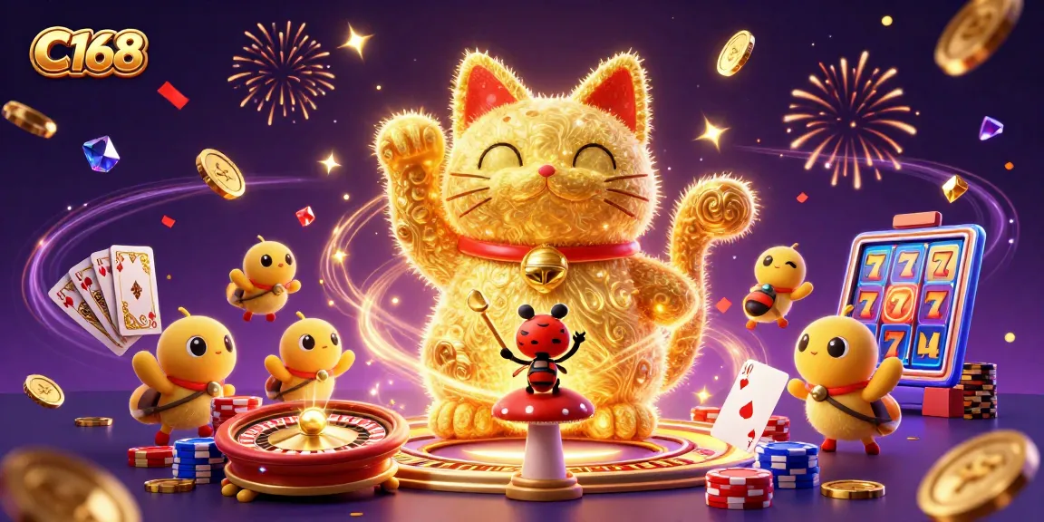 Experience the excitement of C168 with a vibrant casino-themed illustration featuring dynamic elements and characters.