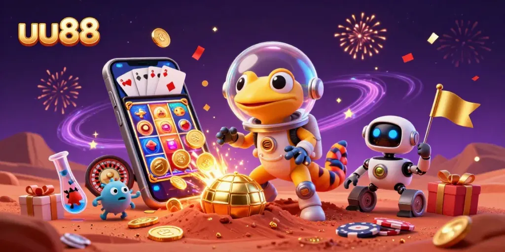 uu88 players enjoy thrilling wins with vibrant casino elements in a vibrant Martian scene.