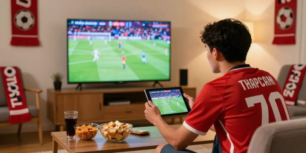 Excited football fan enjoying ThapcamTV live stream at home with snacks.