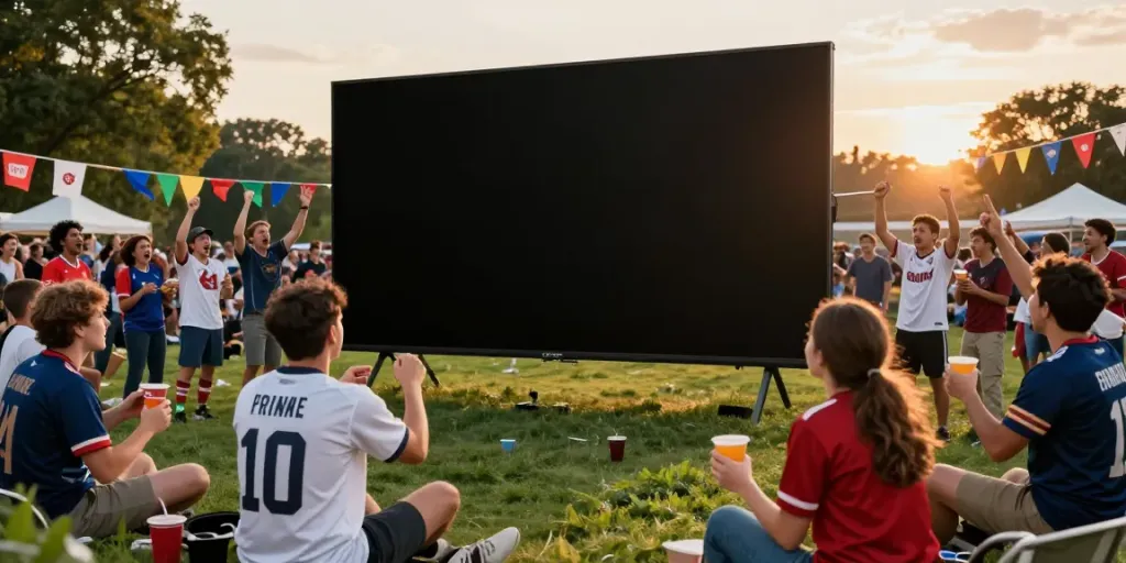 SOCOLIVE fans enjoying a live football match outdoors, celebrating together in a festive atmosphere.
