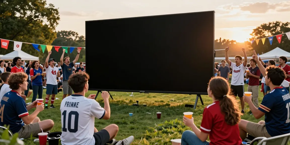 SOCOLIVE fans enjoying a live football match outdoors, celebrating together in a festive atmosphere.