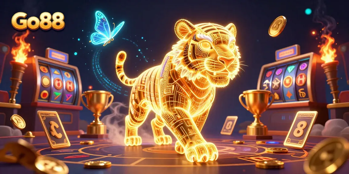 Engage with Go88's vibrant digital casino featuring a neon tiger and slot elements.
