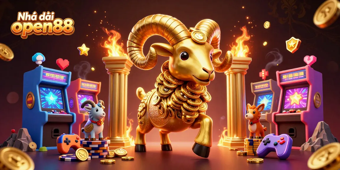 Engage with Nhà cái open88 as a golden ram charges through a dazzling casino scene filled with vibrant game elements.