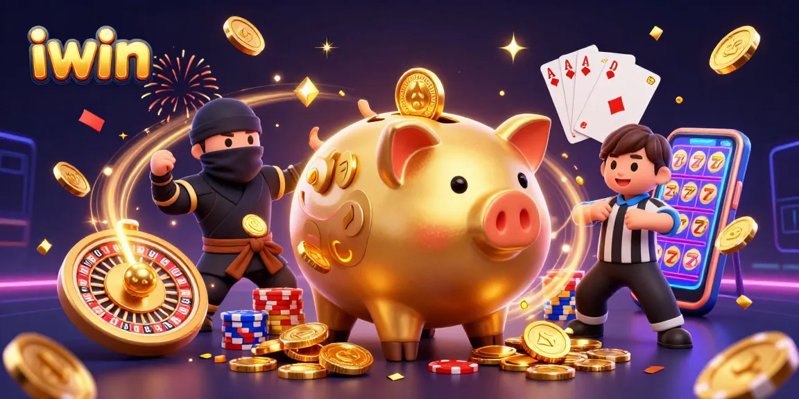 Win at iwin with a sumo wrestler piggy bank surrounded by coins and gaming elements.
