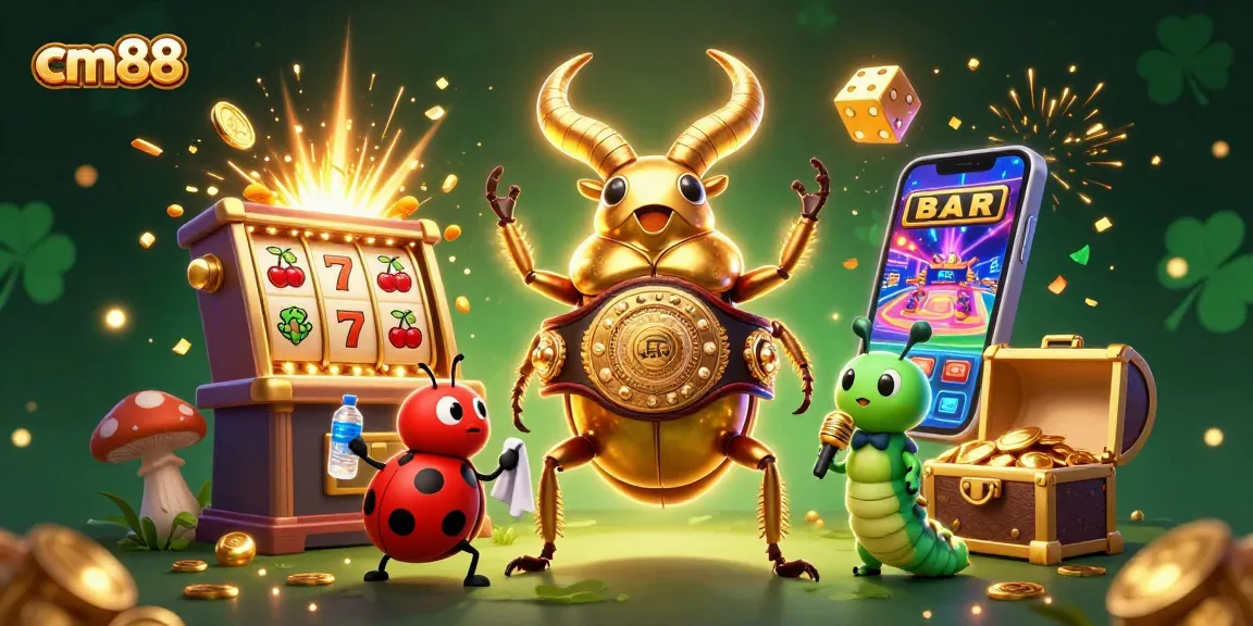 Experience the thrill of cm88 with a 3D golden beetle boxing champion and casino elements in action.