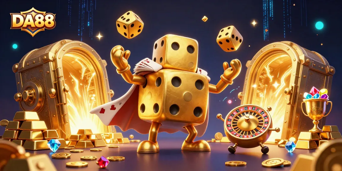Engage with DA88's vibrant 3D casino scene featuring golden dice, treasure, and excitement.