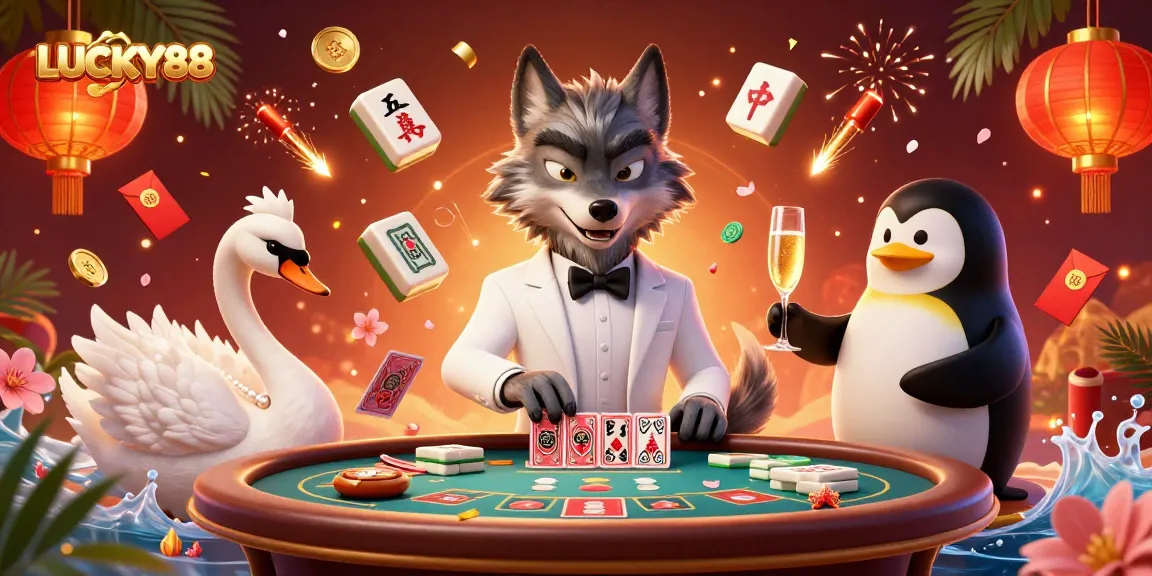 Experience the excitement of LUCKY88 with a lively casino scene featuring unique characters and magical elements.